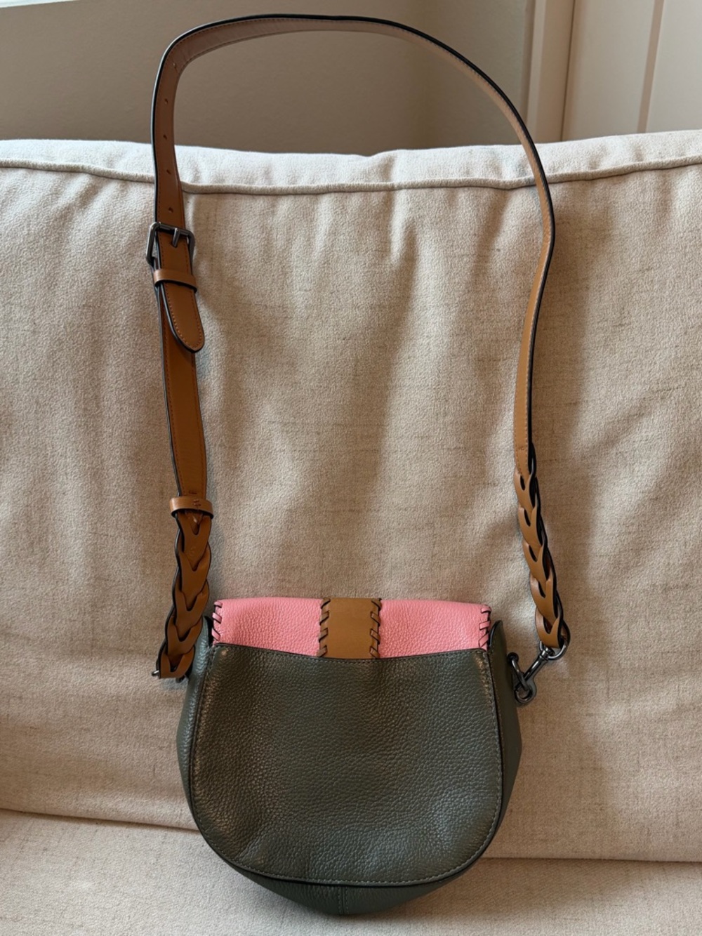 Coach Pink, Olive & Tan Leather Crossbody Saddle Bag - Picture 3 of 12